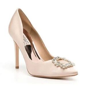 Badgley Mischka Women's Cher Crystal Nude Satin Pumps Sz 8 Heels Shoes Wedding